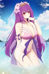  bikini blue_sky bracelet breasts brooch cloud cloudy_sky davanchiart day fate/grand_order fate_(series) female heart heart_brooch highres horizon jewelry kneeling long_hair looking_at_viewer mountainous_horizon ocean outdoors partially_submerged pink_bikini purple_hair red_eyes ribbon scathach_(fate) scathach_skadi_(fate) scathach_skadi_(swimsuit_ruler)_(fate) scathach_skadi_(swimsuit_ruler)_(third_ascension)_(fate) see-through sky smile solo swimsuit veil water 