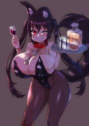  alcohol animal_ear_fluff animal_ears asanagi_(style) bare_shoulders between_breasts black_hair blush bottle breasts cleavage collar commentary_request covered_navel cup curvy drinking_glass female fishnet_pantyhose fishnets grey_background grin highres huge_breasts ice ice_bucket kishin_tatu lisa_(kishin_tatu) long_hair looking_at_viewer money oerba_yun_fang one_eye_closed original pantyhose petite playboy_bunny poker_chip red_eyes shortstack simple_background smile solo tail thick_thighs thighs tray twintails whiskey wide_hips wine wine_glass 