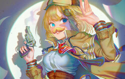  absurdres artofkuzu blonde_hair blue_eyes bob_cut breasts brown_capelet brown_hat brown_jacket capelet collared_shirt commentary fake_facial_hair fake_mustache female gun hair_ornament handgun hat high-waist_skirt highres holding holding_gun holding_weapon hololive hololive_english jacket medium_breasts necktie open_clothes open_jacket parted_lips red_necktie revolver shirt short_hair sideways_glance skirt solo stethoscope upper_body virtual_youtuber watson_amelia watson_amelia_(1st_costume) weapon white_shirt 