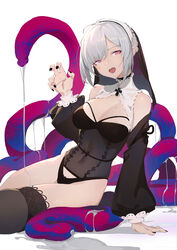  :d bad_id bad_pixiv_id bare_shoulders black_nails black_panties black_thighhighs breasts cleavage commentary detached_sleeves female grey_hair highres huang_(volt0526) looking_at_viewer nail_polish navel nun open_mouth original panties purple_eyes see-through simple_background sitting smile solo tentacle thighhighs underwear white_background 