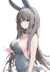  animal_ears bad_id bad_pixiv_id bare_shoulders breasts brown_hair brown_pantyhose cleavage commentary_request covered_navel detached_collar fake_animal_ears fake_tail female grey_leotard highres large_breasts leotard long_hair looking_at_viewer original pantyhose playboy_bunny rabbit_ears ribucci simple_background solo tail white_background 