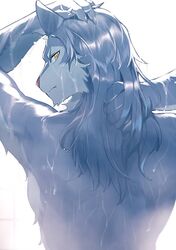  anthro bathing canid canine canis fur grey_body grey_fur hati_(tas) hozunomi lifewonders looking_back male mammal rear_view shirtless showering solo tokyo_afterschool_summoners wet wolf yellow_eyes 