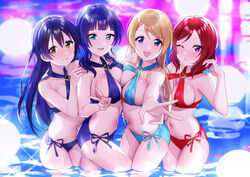  4girls absurdres alternate_color aqua_bikini asaka_karin ayase_eli bikini black_hair blonde_hair blue_bikini blue_eyes blue_hair blush breast_press breasts commentary_request commission cosplay criss-cross_halter cutie_panther embarrassed eyes_visible_through_hair halterneck hand_on_another&#039;s_shoulder highres in-franchise_crossover large_breasts long_hair looking_at_viewer love_live! love_live!_nijigasaki_high_school_idol_club love_live!_school_idol_project matching_outfits medium_hair multiple_girls nanatsu_no_umi navel nishikino_maki one_eye_closed open_mouth partially_submerged pretzel_bikini purple_eyes red_bikini red_hair side-tie_bikini_bottom skeb_commission smile sonoda_umi standing swept_bangs swimsuit v water yazawa_nico yazawa_nico_(cosplay) yellow_eyes 