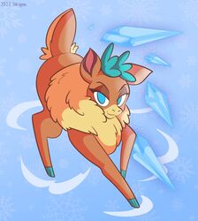  2022 antlers artist_name blue_eyes blue_hooves chest_tuft cloven_hooves deer digital_drawing_(artwork) digital_media_(artwork) eyelashes female feral fluffy fluffy_chest full-length_portrait fur hooves horn icicle looking_at_viewer mammal multicolored_body multicolored_fur new_world_deer no_pupils portrait quadruped reindeer shirojyuu snowflake solo tail tan_body tan_fur them&#039;s_fightin&#039;_herds tuft two_tone_body two_tone_fur velvet_reindeer_(tfh) yellow_body yellow_fur 