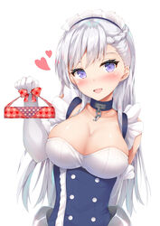  :d azur_lane bare_shoulders belfast_(azur_lane) blush braid breasts chains cleavage collar commentary_request elbow_gloves female french_braid gloves hand_up heart highres holding large_breasts long_hair looking_at_viewer maid maid_headdress open_mouth purple_eyes simple_background smile solo tatsumiya_kagari upper_body white_background white_gloves white_hair wrapped_bento 