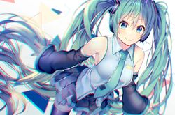  black_sleeves black_thighhighs blue_eyes blurry blurry_background blush breasts chromatic_aberration closed_mouth collared_shirt commentary depth_of_field detached_sleeves female green_hair green_necktie grey_shirt hatsune_miku headphones long_hair long_sleeves looking_at_viewer medium_breasts nail_polish necktie shiomizu_(swat) shirt skirt sleeveless sleeveless_shirt sleeves_past_wrists smile solo standing thighhighs tie_clip twintails very_long_hair vocaloid wide_sleeves zettai_ryouiki 