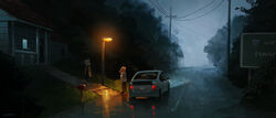  2022 7:3 ambiguous_gender anthro bleak_ambiance bottomwear bovid building canid canine caprine car clothed clothing digital_drawing_(artwork) digital_media_(artwork) duo eye_contact fog footwear fully_clothed goat headlights hi_res hoodie house light looking_at_another mailbox mammal moody night pants planted_sign road_sign sad shoes sign standing stevie_choo street street_lamp street_sign topwear utility_pole vehicle 