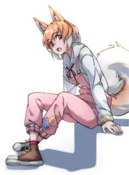  :o alternate_costume animal_ear_fluff animal_ears brown_eyes commentary crossed_ankles dog_(shiba_inu)_(kemono_friends) dog_ears dog_girl dog_tail drawstring extra_ears female full_body highres hood hood_down hoodie kemono_friends long_sleeves looking_at_viewer multicolored_hair open_mouth orange_hair overalls pink_overalls short_hair simple_background sitting solo tail tanabe_(fueisei) two-tone_hair white_background white_hair white_hoodie 