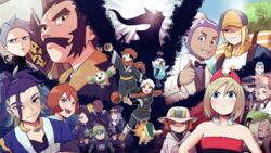  6+boys 6+girls :d absurdres adaman_(pokemon) akari_(pokemon) arceus arezu_(pokemon) blue_coat blush bright_pupils brown_eyes brown_hair calaba_(pokemon) closed_mouth coat commentary_request cyllene_(pokemon) cyndaquil diving_mask diving_mask_around_neck eyebrow_cut facial_hair fcgc_(friedalwaysgood) flag gaeric_(pokemon) goggles green_hair grey_hair hair_ornament hat highres holding holding_poke_ball ingo_(pokemon) irida_(pokemon) iscan_(pokemon) jewelry kamado_(pokemon) laventon_(pokemon) lian_(pokemon) logo mai_(pokemon) melli_(pokemon) moustache multicolored_hair multiple_boys multiple_girls neck_ring open_mouth oshawott palina_(pokemon) pantyhose peaked_cap poke_ball poke_ball_(legends) pokemon pokemon_(creature) pokemon_legends:_arceus ponytail purple_hair rei_(pokemon) rowlet sabi_(pokemon) shirt short_hair smile teeth tied_hair tongue upper_teeth_only volo_(pokemon) white_pupils 