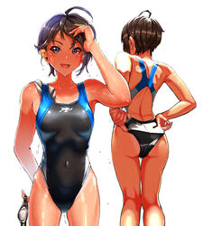  adjusting_clothes adjusting_swimsuit ahoge ass back_cutout black_hair black_one-piece_swimsuit blue_eyes clothing_cutout commentary_request competition_swimsuit covered_navel cowboy_shot female goggles hand_in_own_hair highleg highleg_swimsuit highres holding holding_goggles kilesha logo looking_at_viewer mole mole_under_eye multiple_views one-piece_swimsuit original short_hair simple_background smile standing swept_bangs swim_cap swimsuit tan tanlines unworn_goggles unworn_swim_cap water_drop wet wet_hair white_background 