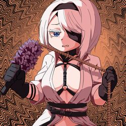  anger_vein belt black_belt black_gloves black_hairband black_survival blue_eyes bondage_outfit breasts brown_background chains character_watermark collared_shirt commentary_request eyepatch female gloves hairband highres holding holding_chain holding_whip looking_at_viewer medium_breasts medium_hair navel o-ring o-ring_top open_clothes open_shirt rinyamame shirt sissela_kyle solo upper_body wavy_background white_hair white_shirt 