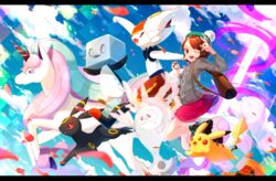  380_(380_taida) ;d backpack bad_id bad_pixiv_id bag blurry bob_cut boots brown_bag brown_eyes brown_footwear brown_hair buttons cable_knit cardigan cinderace cloud commentary_request cursola day dress eiscue eiscue_(ice) energy_beam female galarian_rapidash gloria_(pokemon) green_headwear green_legwear grey_cardigan hat holding holding_poke_ball one_eye_closed open_mouth outdoors pikachu pink_dress plaid plaid_socks poke_ball poke_ball_(basic) pokemon pokemon_(creature) pokemon_swsh short_hair sky smile socks tam_o&#039;_shanter teeth tongue umbreon upper_teeth_only 