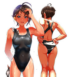  adjusting_clothes adjusting_swimsuit ahoge ass back_cutout black_hair black_one-piece_swimsuit blue_eyes clothing_cutout commentary_request competition_swimsuit covered_navel cowboy_shot female goggles hand_in_own_hair highleg highleg_swimsuit highres holding holding_goggles kilesha logo looking_at_viewer mole mole_under_eye multiple_views one-piece_swimsuit original short_hair simple_background smile standing swept_bangs swim_cap swimsuit tan tanlines unworn_goggles unworn_swim_cap water_drop wet wet_hair white_background 