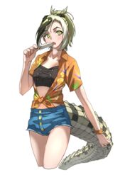  absurdres asymmetrical_hair bracelet commentary cowboy_shot crocodilian_tail cropped_legs denim denim_shorts female food green_eyes green_hair hawaiian_shirt highres jewelry kemono_friends kemono_friends_3 lizard_tail multicolored_hair official_alternate_costume open_clothes open_shirt orange_shirt ponytail popsicle reptile_girl saltwater_crocodile_(kemono_friends) shirt short_shorts short_sleeves shorts solo strapless tail tanabe_(fueisei) tied_shirt tube_top two-tone_hair 