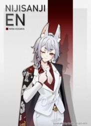  animal_ear_fluff animal_ears black_kimono breasts character_name cleavage collared_shirt commentary copyright_name cosplay english_commentary extra_ears eyeshadow facial_mark female forehead_mark fox_ears fox_girl head_tilt jacket japanese_clothes kimono kimono_on_shoulders lantern_earrings makeup medium_breasts nijisanji nijisanji_en nina_kosaka one_eye_closed ordif ponytail red_eyes red_eyeshadow red_shirt shirt smile solo virtual_youtuber vox_akuma vox_akuma_(1st_costume) vox_akuma_(cosplay) white_jacket 