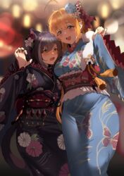  2girls absurdres ahoge animal_ear_fluff animal_ears black_hair black_kimono blonde_hair blue_eyes blue_flower blue_kimono blurry blurry_background blush breasts cat_ears cat_girl commentary_request feet_out_of_frame floral_print flower frilled_kimono frills green_eyes hair_flower hair_ornament hand_up highres japanese_clothes karyl_(new_year)_(princess_connect!) karyl_(princess_connect!) kimono large_breasts long_hair looking_at_viewer looking_to_the_side multiple_girls obi open_mouth paw_pose pecorine_(new_year)_(princess_connect!) pecorine_(princess_connect!) princess_connect! print_kimono sash sidelocks small_breasts smile teeth wefightasone_1 