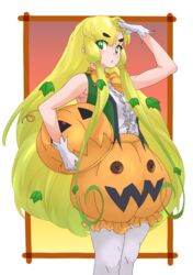  absurdres bare_shoulders blonde_hair bow bowtie center_frills commentary cowboy_shot female frills gloves green_eyes green_hair green_vest hand_in_own_hair hat highres holding holding_clothes holding_hat jack-o&#039;-lantern_(kemono_friends) kemono_friends long_hair multicolored_hair orange_bow orange_bowtie orange_shorts pantyhose pumpkin_hat pumpkin_pants shirt shorts sleeveless solo tanabe_(fueisei) unworn_hat unworn_headwear vest white_gloves white_pantyhose white_shirt 