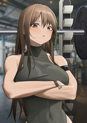  absurdres alter_sang armband bare_shoulders black_armband black_leotard blurry blurry_background blush bodysuit bracelet breasts brown_eyes brown_hair character_name commentary commentary_typo covered_navel cowboy_shot crossed_arms english_commentary exercise_machine female girls&#039;_frontline green_hair griffin_&amp;_kryuger gym highres jewelry leotard leotard_sweater long_hair looking_at_viewer m4a1_(girls&#039;_frontline) medium_breasts multicolored_hair name_tag no_jacket parted_lips solo streaked_hair turtleneck turtleneck_leotard weights 