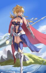  absurdres artoria_pendragon_(fate) artoria_pendragon_(lancer)_(fate) blonde_hair blue_gloves blue_leotard blue_sky blue_thighhighs braid braided_bun breasts cape cleavage crown fate/grand_order fate_(series) female freed_turing french_braid fur-trimmed_cape fur_trim gloves hair_bun highleg highleg_leotard highres lance large_breasts leotard mountainous_horizon polearm rhongomyniad_(fate) sidelocks sky sleeveless sleeveless_turtleneck sleeveless_turtleneck_leotard thighhighs turtleneck turtleneck_leotard water weapon 