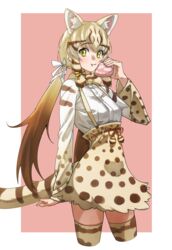  :t absurdres animal_ear_fluff animal_ears animal_print blonde_hair bow bowtie brown_hair cat_ears cat_girl cat_print cat_tail commentary cowboy_shot cropped_legs eating extra_ears female food geoffroy&#039;s_cat_(kemono_friends) hair_tie high-waist_skirt highres japari_bun kemono_friends long_hair long_sleeves looking_at_viewer multicolored_hair print_bow print_bowtie print_skirt print_sleeves print_thighhighs ribbon shirt skirt solo suspender_skirt suspenders tail tanabe_(fueisei) thighhighs twintails white_ribbon white_shirt yellow_eyes zettai_ryouiki 