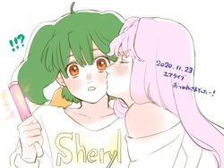  2girls alternate_hair_color blush closed_eyes commentary_request dated glowstick green_hair holding holding_glowstick kimidori_(kimidoriri) kissing kissing_cheek long_hair macross macross_frontier multiple_girls purple_hair ranka_lee sheryl_nome short_hair translation_request v-shaped_eyebrows white_background yuri 