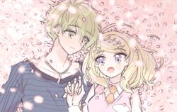  1boy :d ahoge akamatsu_kaede amami_rantaro blonde_hair blush breasts closed_mouth collarbone collared_shirt commentary_request couple danganronpa_(series) danganronpa_v3:_killing_harmony fc_(efushii) female green_eyes green_hair hair_ornament holding_hands jewelry large_breasts long_hair looking_at_another musical_note musical_note_hair_ornament necklace necktie open_mouth petals pink_eyes pink_vest shirt short_hair smile straight striped sweater_vest vest white_shirt 