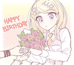  1boy :o akamatsu_kaede amami_rantaro blonde_hair blush bouquet bracelet brown_flower collared_shirt commentary_request danganronpa_(series) danganronpa_v3:_killing_harmony fc_(efushii) female flower hair_ornament happy_birthday holding holding_bouquet jewelry long_hair musical_note musical_note_hair_ornament necktie open_mouth orange_necktie pink_background pink_flower ring rose shirt short_hair solo_focus sweater_vest thumb_ring upper_body white_background white_shirt yellow_background 