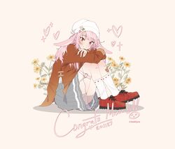  absurdres animal_ears congratulations female flower highres hugging_own_legs looking_at_viewer mikki_(bukiyos) mimochi_(vtuber) pale_skin pink_eyes pink_hair rabbit_ears rabbit_girl skirt solo sunflower vdonburi virtual_youtuber 