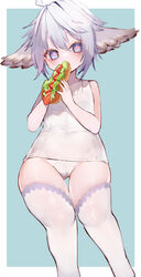  ahoge animal_ears blue_background eating feet_out_of_frame female food granblue_fantasy hair_between_eyes harvin highres hinamori_(18ar0) holding holding_food hot_dog one-piece_swimsuit purple_eyes purple_hair school_swimsuit short_hair solo swimsuit symbol-shaped_pupils thighhighs thighs wamdus_(granblue_fantasy) white_one-piece_swimsuit white_thighhighs 