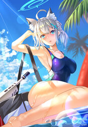  absurdres ahoge animal_ear_fluff animal_ears ass assault_rifle barefoot blue_archive blue_eyes blue_sky blurry breasts cleavage cloud cloudy_sky coconut_tree collarbone commentary competition_swimsuit cross_hair_ornament depth_of_field english_commentary extra_ears female from_below grey_hair gun hair_between_eyes hair_ornament halo highres legs looking_at_viewer medium_hair mismatched_pupils mixed-language_commentary ocean official_alternate_costume one-piece_swimsuit outdoors palm_tree parted_lips plastic_bottle ponytail rifle shiroko_(blue_archive) shiroko_(swimsuit)_(blue_archive) sideboob sidelocks sig_556 sig_sauer sitting sky sleeveless solo sunlight swimsuit sysen tree weapon wet wet_clothes wet_swimsuit wolf_ears wolf_girl 