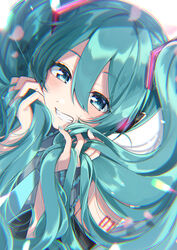  :d aqua_eyes aqua_hair aqua_nails aqua_necktie bare_shoulders black_sleeves blush bunching_hair chromatic_aberration commentary detached_sleeves dutch_angle female fingernails frills grey_shirt grin hair_between_eyes hair_ornament hatsune_miku highres long_fingernails long_hair long_sleeves looking_at_viewer miku_day nail_polish necktie number_tattoo open_mouth petals shirt shoulder_tattoo smile solo tattoo teeth twintails upper_body vocaloid yuama_(drop) 