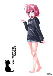  :o animal antenna_hair barefoot black_hoodie blue_eyes blue_shorts blush breasts clothes_writing commentary_request copyright_request drawstring feline female full_body hair_between_eyes hand_up highres hood hood_down hoodie indie_virtual_youtuber kaze_makase long_sleeves mole mole_under_eye parted_lips pig_print pink_hair print_hoodie sena_kohaku short_shorts shorts signature sleeves_past_wrists small_breasts solo standing translation_request transparent_background virtual_youtuber walking 