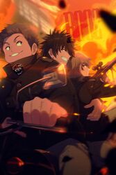  3boys aiming black_footwear black_hair black_jacket blurry boots brown_hair debris depth_of_field echo_(circa) ema_yuzuru explosion grey_pants grin gun holding holding_gun holding_weapon hug jacket kageura_masato kageura_squad&#039;s_uniform kitazoe_hiro long_sleeves looking_away male_focus motor_vehicle motorcycle multiple_boys multiple_riders pants profile riding rifle short_hair sideways_glance smile sniper_rifle spiked_hair turtleneck uniform weapon world_trigger 