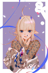  absurdres ahoge badge blonde_hair blue_eyes blue_horns blue_nails button_badge checkered_clothes checkered_jacket confetti crescent demon_girl demon_horns eyelashes eyes_visible_through_hair female fingernails hair_bun head_rest highres horns jacket kim_hana korean_commentary long_eyelashes long_fingernails long_hair original patterned patterned_clothing pointy_ears ribbon see-through sharp_fingernails single_hair_bun sleeves_past_wrists solo turtleneck upper_body white_jacket 