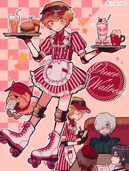  4boys ahoge andrew_kreiss apron artist_name beret black_gloves black_shirt blonde_hair blush boots bow bowtie brown_hair burger buttons cake cake_slice canine casual cherry closed_eyes collared_shirt cross-laced_footwear crossdressing cup diner drinking_glass edgar_valden elbow_pads english_text flying_sweatdrops food french_fries frilled_apron frilled_skirt frills fruit gloves hair_between_eyes hair_over_one_eye hairbow hat heart highres holding identity_v knee_pads lace-up_boots luca_balsa male_focus menu mini_flag mouth_hold mug multiple_boys neck_ribbon notepad open_mouth orange_eyes parfait puffy_short_sleeves puffy_sleeves red_bow red_bowtie ribbon roller_skates shirt short_hair short_sleeves skates skirt skirt_set smile solo_focus star_(symbol) stitched_mouth stitches striped sweat symbol-shaped_pupils tendenbarabara tray twitter_username vertical_stripes victor_grantz visor waist_apron waitress white_footwear white_hair wick_(identity_v) x-shaped_pupils 