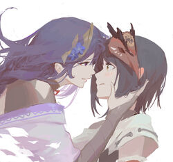  2girls absurdres bird_mask black_hair blush chinese_commentary commentary eye_contact face-to-face genshin_impact hand_on_another&#039;s_face highres imminent_kiss japanese_clothes kimono kujou_sara long_hair looking_at_another mask mask_on_head mole mole_under_eye multiple_girls purple_eyes purple_hair raiden_shogun short_hair simple_background white_background world_(1257843324) yellow_eyes yuri 