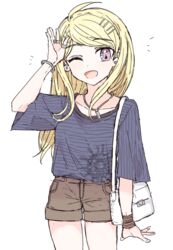  :d ;d akamatsu_kaede amami_rantaro amami_rantaro_(cosplay) arm_at_side bag blonde_hair blush brown_shorts collarbone commentary_request cosplay cowboy_shot danganronpa_(series) danganronpa_v3:_killing_harmony ear_piercing fc_(efushii) female hair_ornament hand_up jewelry long_hair looking_at_viewer necklace one_eye_closed open_mouth piercing shirt shirt_tucked_in short_shorts short_sleeves shorts shoulder_bag smile solo striped_clothes striped_shirt white_background white_bag wide_sleeves 