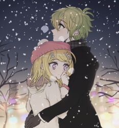  1boy akamatsu_kaede alternate_costume amami_rantaro bare_tree beanie black_gloves black_jacket blonde_hair blush brown_scarf commentary_request couple danganronpa_(series) danganronpa_v3:_killing_harmony earrings fc_(efushii) female from_side fur_trim gloves gradient_background green_hair hair_ornament hat hug jacket jewelry long_hair long_sleeves musical_note musical_note_hair_ornament outdoors pink_eyes pink_headwear plaid plaid_scarf profile purple_eyes scarf short_hair snow snowing straight tree winter_clothes 