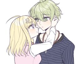  1boy ahoge akamatsu_kaede amami_rantaro blonde_hair blush breasts commentary_request danganronpa_(series) danganronpa_v3:_killing_harmony eye_contact fc_(efushii) female green_eyes green_hair hair_between_eyes hair_ornament hands_on_another&#039;s_face jewelry large_breasts long_hair long_sleeves looking_at_another musical_note musical_note_hair_ornament necklace pale_skin parted_lips pink_sweater_vest pink_vest pout purple_eyes shirt simple_background straight striped_clothes striped_shirt sweater_vest upper_body vest white_background 