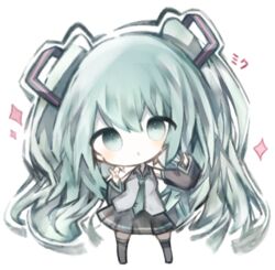  bad_id bad_pixiv_id bare_shoulders black_skirt black_sleeves black_thighhighs blush chibi collared_shirt commentary cottontailtokki detached_sleeves female full_body green_eyes green_hair green_necktie grey_shirt hair_between_eyes hair_ornament hatsune_miku index_finger_raised long_sleeves necktie parted_lips pleated_skirt shirt simple_background skirt sleeveless sleeveless_shirt sleeves_past_wrists solo sparkle standing thighhighs tie_clip twintails vocaloid white_background 