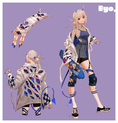  absurdres ahoge back badge bandaid bandaid_on_leg belt black_footwear blonde_hair blue_eyes blue_horns blue_nails border button_badge checkered_clothes checkered_jacket crescent demon_girl demon_horns demon_tail duct_tape extra_eyes eyeball female finger_tattoo fingernails full_body hair_bun highres holding holding_skateboard horns jacket jewelry kim_hana knee_pads korean_commentary long_fingernails long_hair multiple_views o-ring o-ring_belt open_clothes open_jacket original patterned patterned_clothing pinky_ring pointy_ears ponytail purple_background reference_sheet ring see-through sharp_fingernails shoes short_shorts shorts simple_background single_hair_bun skateboard sneakers tail tattoo thigh_strap turtleneck white_border white_jacket zipper zipper_pull_tab 