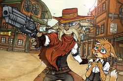  2022 anthro bad_guy_cafe blue_eyes brown_body brown_fur clothing colt_lasky domestic_cat duo english_text far_west felid feline felis female fur green_eyes gun handgun hat headgear headwear lynx male mammal pistol ranged_weapon saloon sarha_solar text weapon wild_west ziegelzeig 