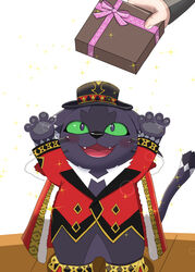  anthro black_body black_fur blush cait_sith_(tas) candy cape chocolate clothing dessert domestic_cat duo felid feline felis food fur green_body green_eyes green_scales hat headgear headwear hi_res holidays human inugamihito lifewonders male mammal scales tokyo_afterschool_summoners top_hat valentine&#039;s_day 