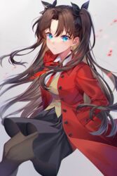  absurdres black_hair black_pantyhose blue_eyes breasts brown_hair collared_jacket collared_shirt fate/stay_night fate_(series) female grey_background hair_ribbon hands_in_pockets highres ion_(on01e) jacket long_hair long_sleeves looking_at_viewer medium_breasts neck_ribbon open_clothes pantyhose parted_bangs parted_lips red_jacket red_ribbon ribbon shirt simple_background sitting skirt solo tohsaka_rin two_side_up vest 