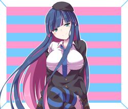  aqua_eyes beret black_jacket black_thighhighs blue_background blue_hair blue_neckwear blue_thighhighs blush breasts checkered_clothes checkered_skirt collared_shirt colored_inner_hair female hat highres jacket kou89 large_breasts long_hair multicolored_background multicolored_hair panty_&amp;_stocking_with_garterbelt pink_background pink_hair shirt skirt smile solo stocking_(psg) striped_clothes striped_thighhighs thighhighs white_shirt 