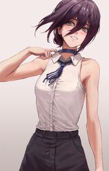  armpit_crease athenawyrm bare_shoulders black_choker black_hair blush chainsaw_man choker collared_shirt commentary female gradient_background grey_background hair_between_eyes high-waist_pants highres medium_hair neck_ribbon pants reze_(chainsaw_man) ribbon shirt shirt_tucked_in sleeveless sleeveless_shirt solo white_background 