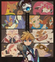  4boys 5girls \m/ blonde_hair colored_skin commentary_request daruk eye_symbol facial_mark forehead_mark gerudo goron hair_ornament highres hyrule_warriors:_age_of_calamity impa link long_hair looking_at_viewer mipha monster_girl multiple_boys multiple_girls open_mouth pointy_ears princess_zelda purah red_skin revali rito robbie_(zelda) sheikah sheikah_slate soldier&#039;s_set_(zelda) solo_focus soup_ladle terrako the_legend_of_zelda the_legend_of_zelda:_breath_of_the_wild ukata urbosa weapon white_hair zora 