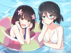  2girls :d aqua_eyes artist_name bikini black_hair blue_one-piece_swimsuit blush breasts commentary english_commentary female_commander_(girls&#039;_frontline) flower girls&#039;_frontline green_eyes hair_flower hair_ornament hairclip hands_on_own_face highres innertube looking_at_viewer multiple_girls one-piece_swimsuit open_mouth rynzfrancis short_hair smile swim_ring swimsuit type_4_(girls&#039;_frontline) upper_body water white_bikini 