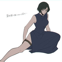  akhr1029 bangs bare_legs bare_shoulders black_dress black_hair breasts china_dress chinese_clothes closed_mouth dress feet_out_of_frame female highres jujutsu_kaisen legs long_dress looking_at_viewer medium_breasts outstretched_leg serious short_hair side_slit simple_background sleeveless sleeveless_dress solo swept_bangs thigh_pouch thigh_strap translation_request turtleneck white_background zenin_mai 