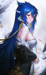  :t absurdres artofkuzu black_jacket blue_hair blush breasts cloud9 constellation crop_top dragon_girl dragon_horns female from_side fur_trim hair_between_eyes highres horns jacket large_breasts long_hair multiple_horns off_shoulder pants petals pout red_eyes skindentation solo vienna_(vtuber) vienna_(vtuber)_(1st_costume) virtual_youtuber white_pants 